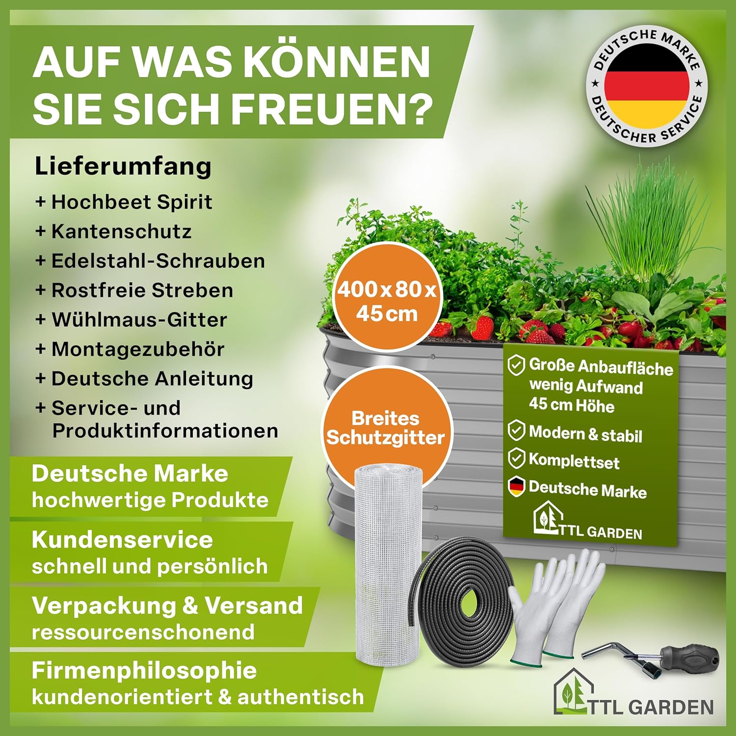 TTL GARDEN 400x80x45cm Spirit XXL Metall Hochbeet Silber - Stahl rostfrei verzinkt Wellblech ovale Form sehr groß stabil & wetterfest Garten Beet für Gemüse Kräuter Blumen Gartenbeet Gemüsebeet