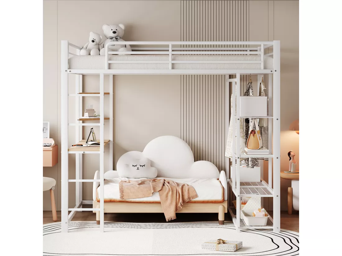 Lit mezzanine 140 x 200 cm avec bureau et étagères de rangement - métal - sommier à lattes - blanc (sans matelas)