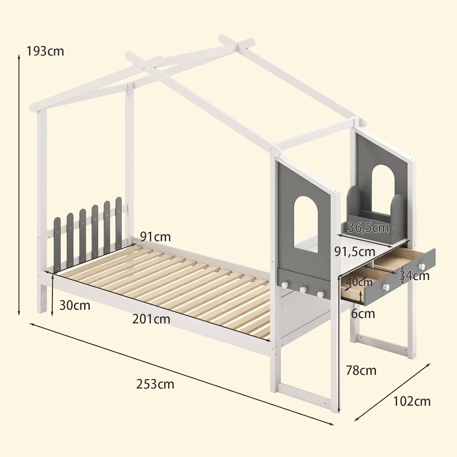 COSTWAY 90x200 cm Hausbett mit Rausfallschutz & Schreibtisch, Kinderbett mit Lattenrost, Schubladen und Haken, Jugendbett bis 150kg belastbar, Holzbett für Kinder, weiß