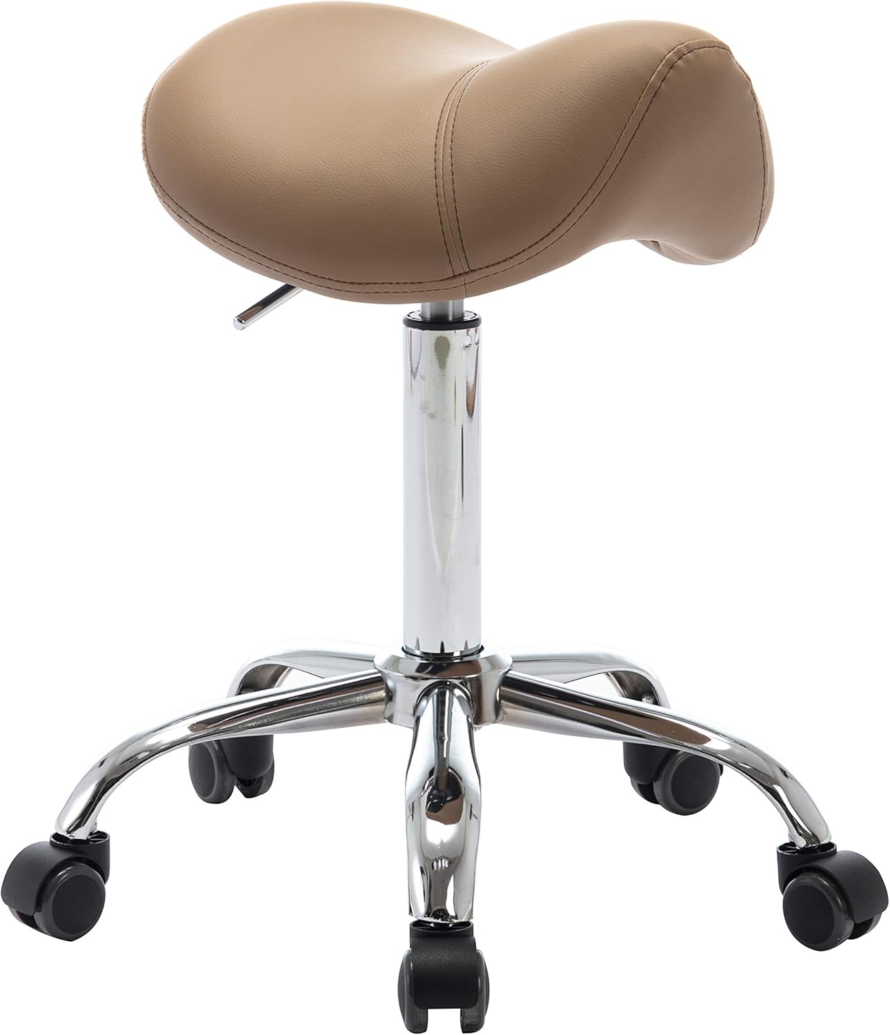 Sattelhocker Sattelstuhl MULY - Sitzhöhe bis ca. 74cm - ergonomischer Rollhocker Bürohocker Arzthocker Arbeitshocker Praxishocker Drehhocker (Lederimitat braun)