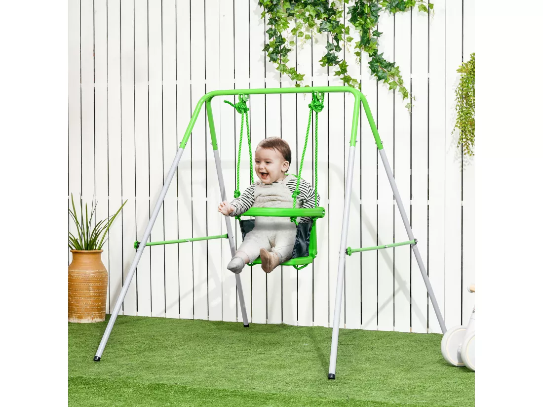 Portique balançoire enfant 6-36 mois - siège haut, accoudoirs, ceinture sécurité 2 points, barre protection - métal époxy blanc vert