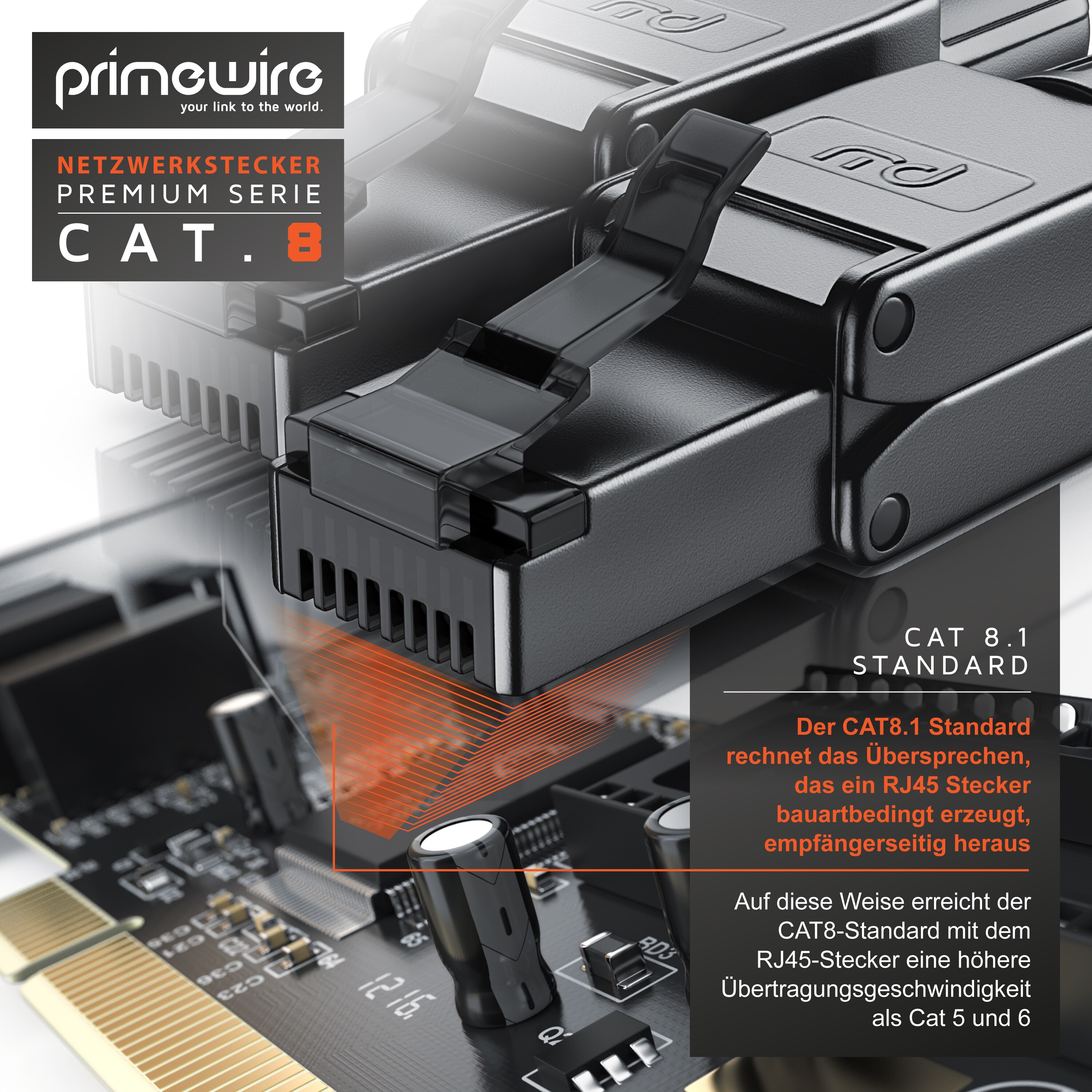 Primewire 8x Netzwerk-Adapter RJ-45 (Ethernet) zu Netzwerkkabel, Netzwerkstecker RJ45 CAT 8 - Gigabit Ethernet LAN Kabel - 40 Gbit/s, schwarz