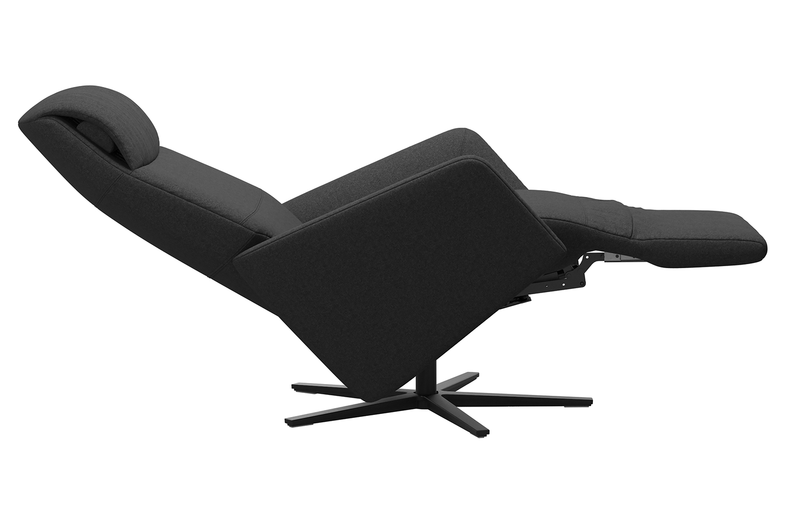 Scott lenestol I ulltekstil Calido Dark Grey og sort kryssfot. Med massasje, varme og motorisert hvilefunksjon til rygg og fotstøtte.