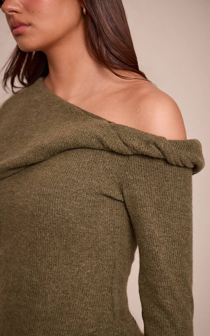 Vert Olive Body Côtelé À Épaules Dénudées Avec Détail Torsadé