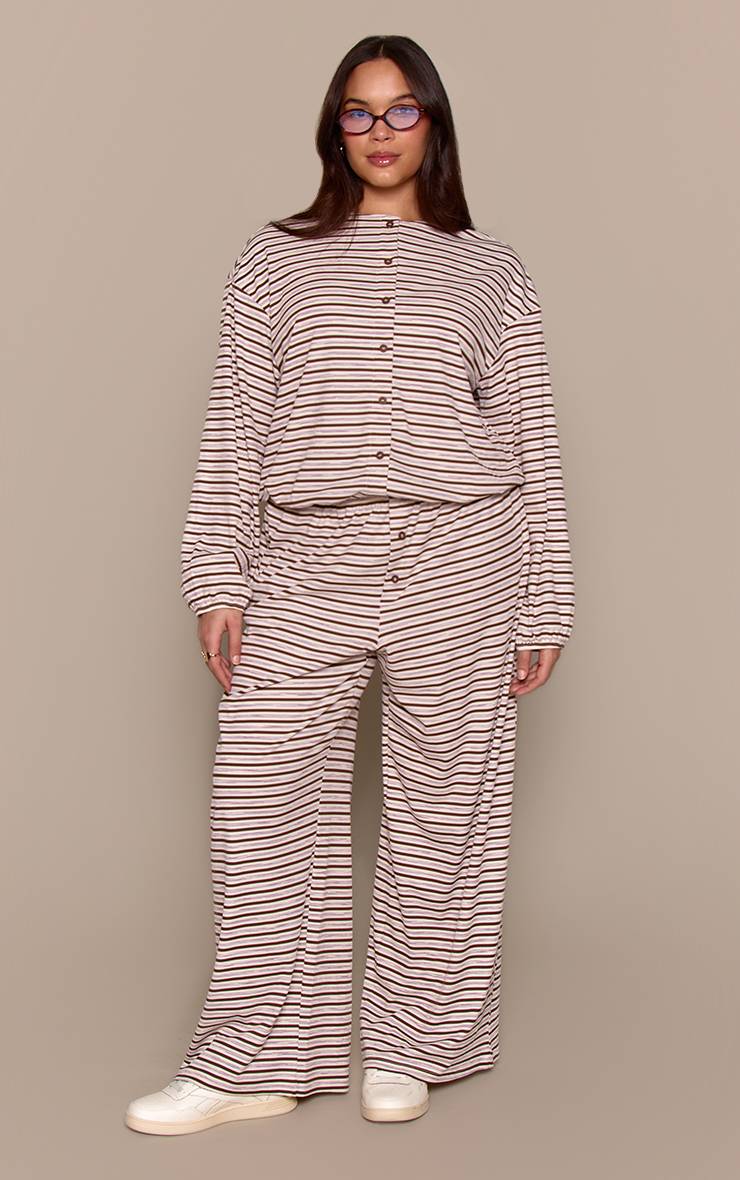 Marron Foncé Pantalon Coordonné Grande Taille Côtelé Doux À Rayures Coupe Décontractée Avec Élastique
