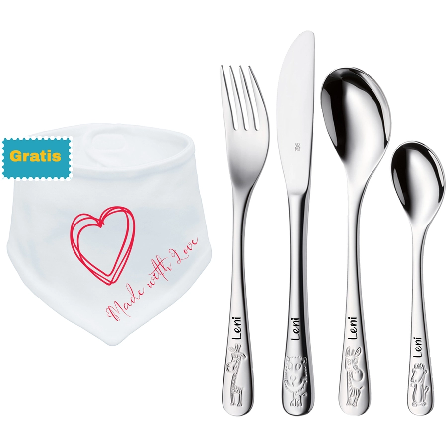 Schnullireich Geschenkset mit Namen Safari: WMF Kinderbesteck + Gratis Sabberlätzchen Silber