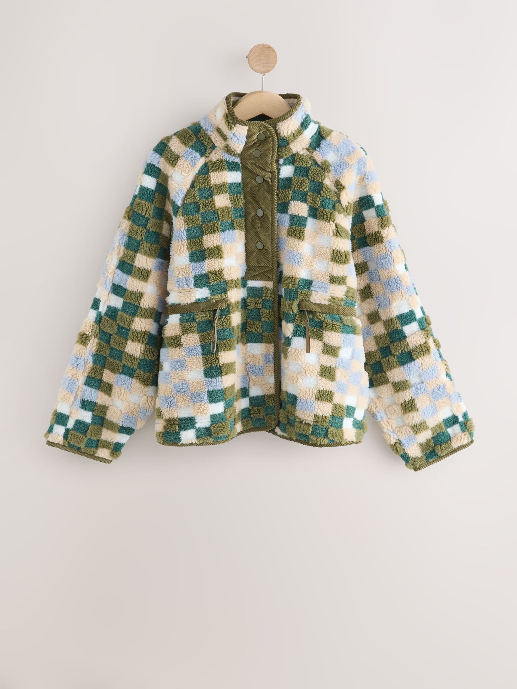 Groen ruit patroon - Behaaglijke teddy Borg mixgeweven fleece Jack met Knoopsluiting