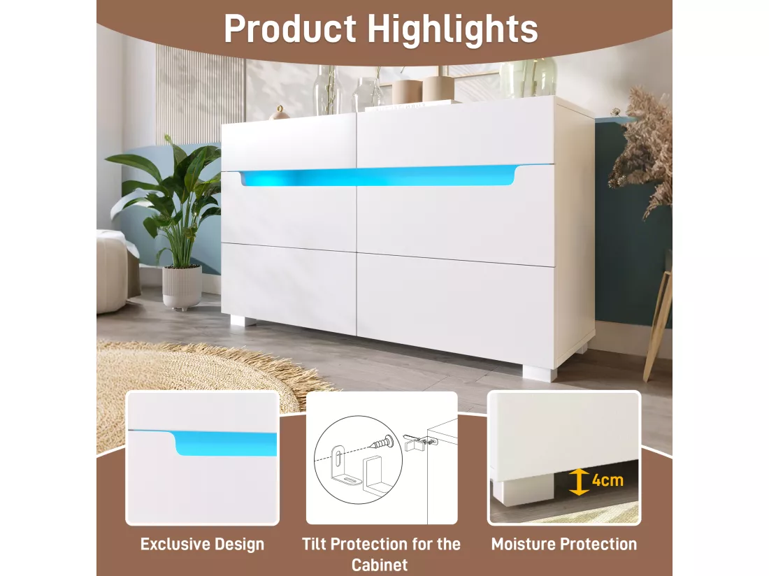 Commode avec LED - 6 tiroirs - effet brillant - Blanc