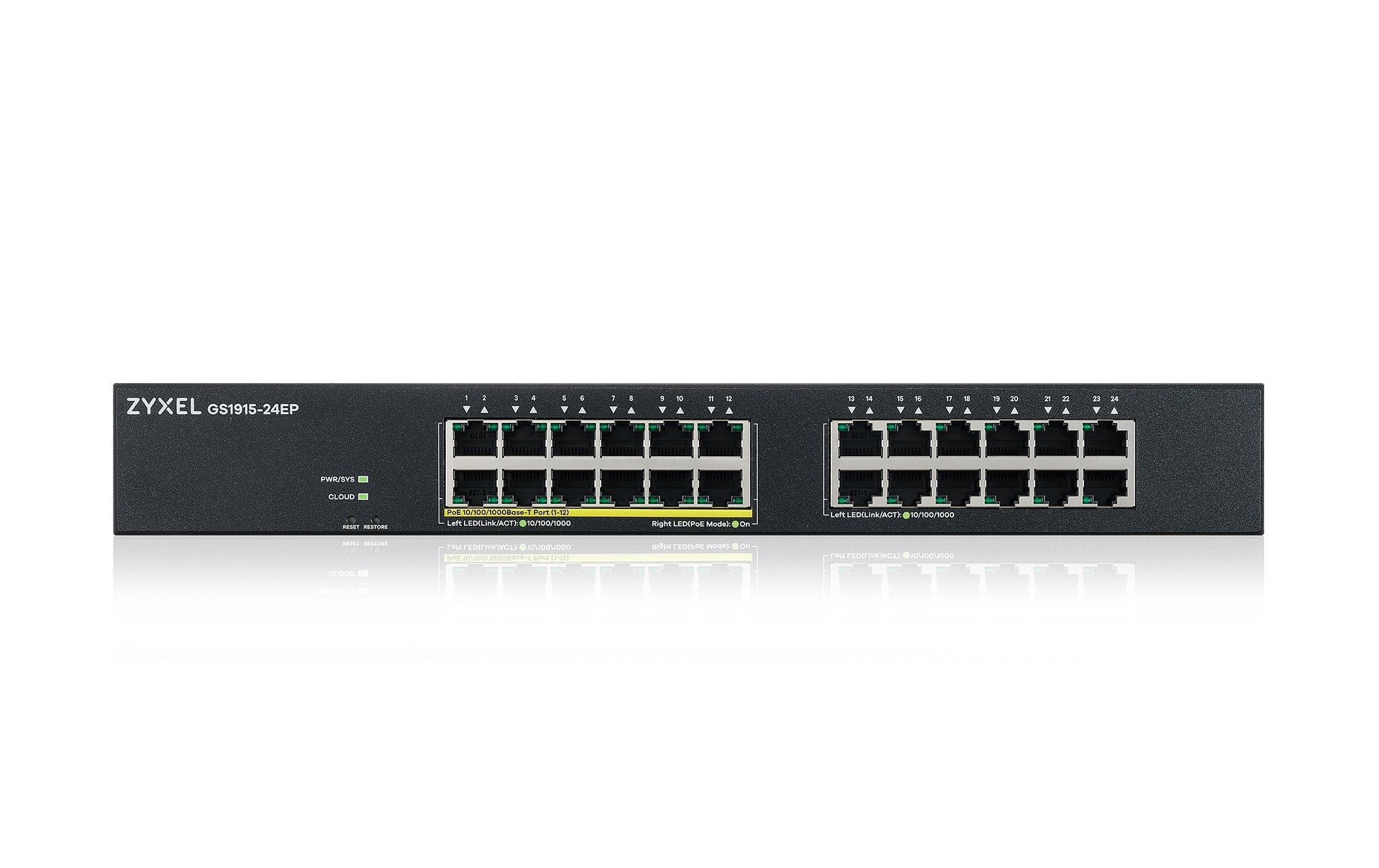 PoE+ Switch GS1915-24EP 24 Port<br>Smart-Managed GbE-PoE-Switch mit 24 Ports (12x PoE+) mit Nebula