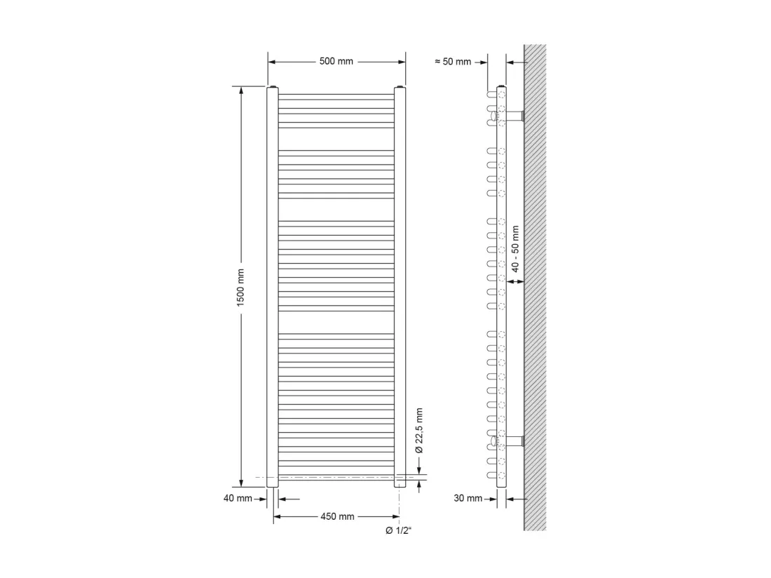 Radiateur Sèche-serviettes électrique 500 x 1500 mm Barre coudée chromée 900W