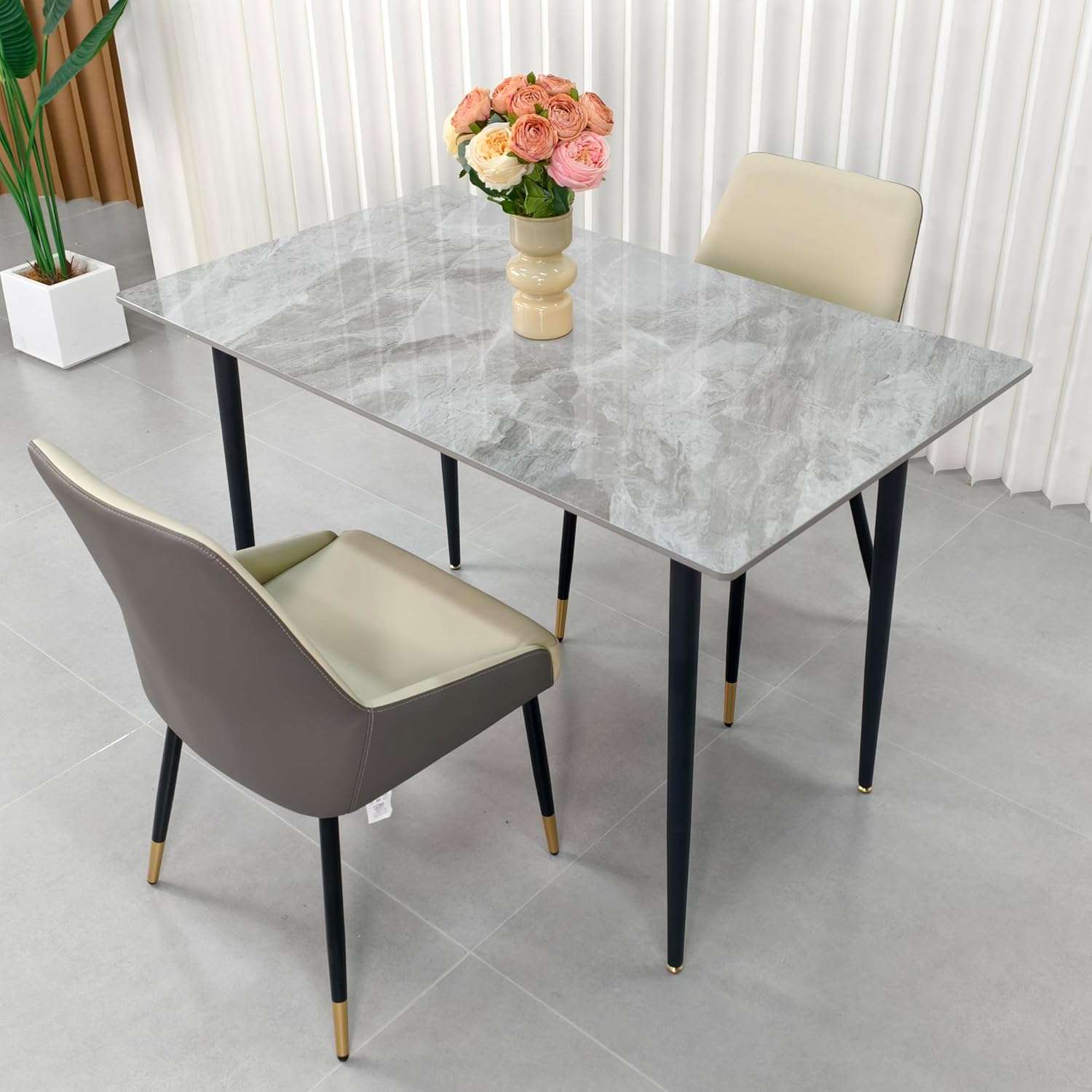 FATIVO Esszimmertisch Marmor Esstisch 120x70cm, Küchentisch klein 4 Personen schmaler Esstisch einfach Wohnzimmer Grau Hochglanz Skandinavisch Tische für Esszimmer Restaurant Metall Tischbeine