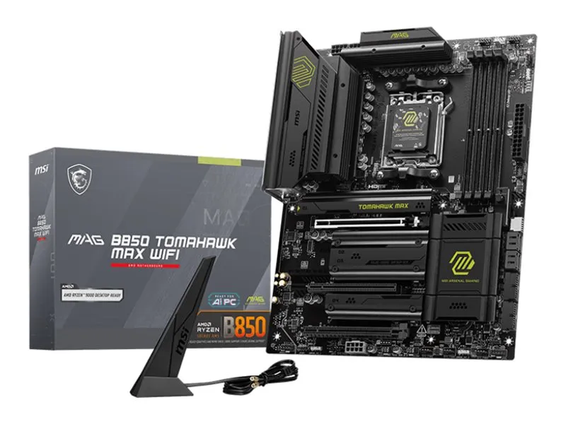 MSI MAG B850 TOMAHAWK MAX WIFI - Bundkort - ATX - Socket AM5 - AMD B850 Chipset - USB-C 3.2 Gen 2x2, USB-C 3.2 Gen2, USB 3.2 Gen 1, USB 3.2 Gen 2 - 5 Gigabit Ethernet, Wi-Fi 7, Bluetooth - onboard grafik (CPU påkrævet) - HD Audio (8-kanaler)
