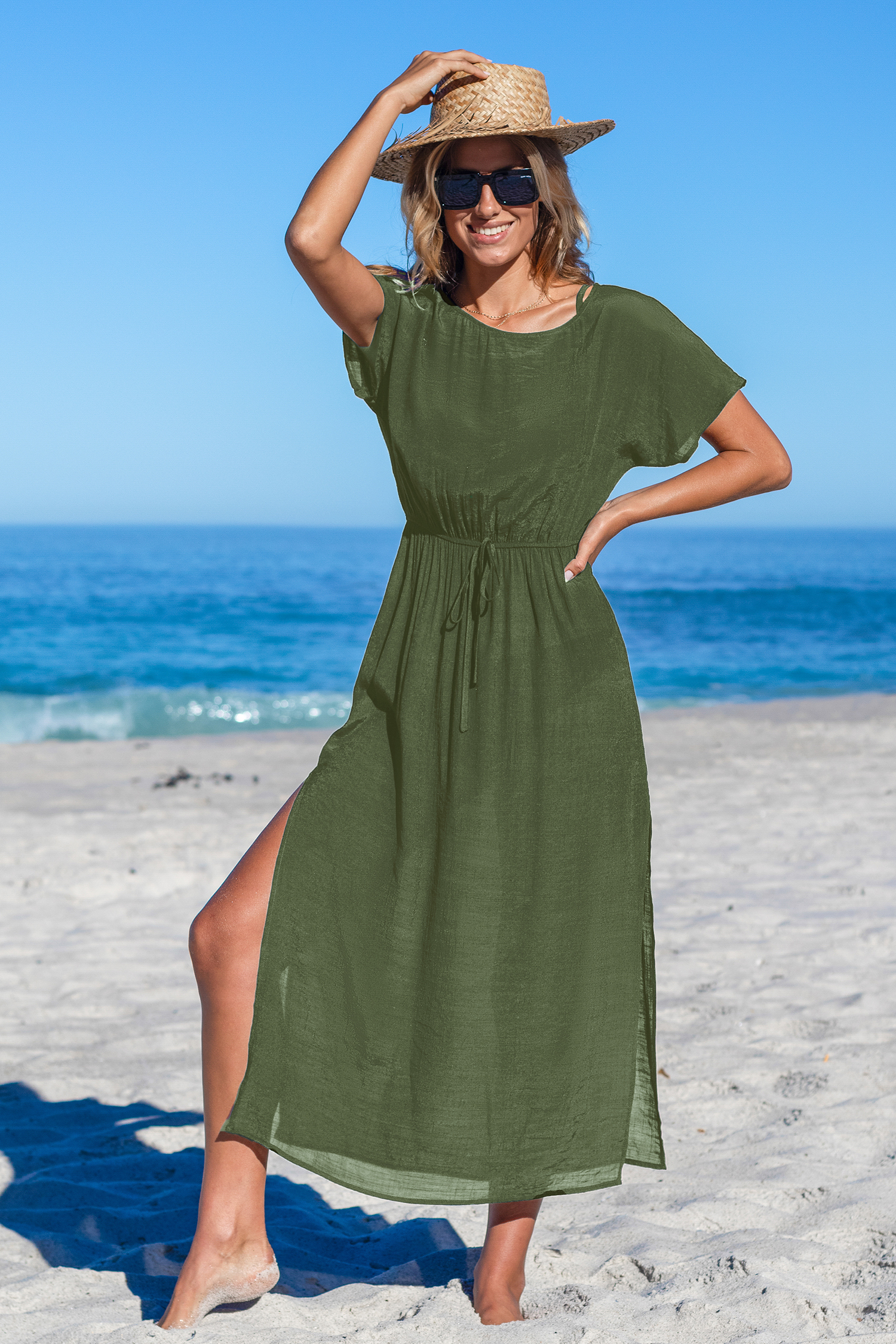 Robe cover up à manches courtes et ourlet fendu olive