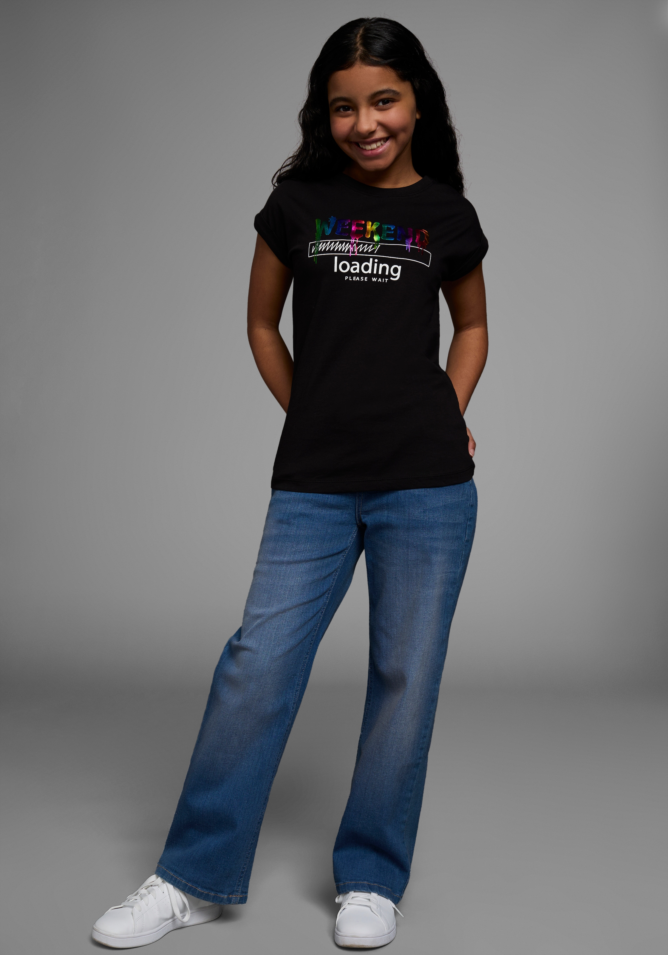 KIDSWORLD T-Shirt »WEEKEND loading...please wait«, Kurzarm,  weite Passform,  bedruckte Optik,  Rundhalsausschnitt