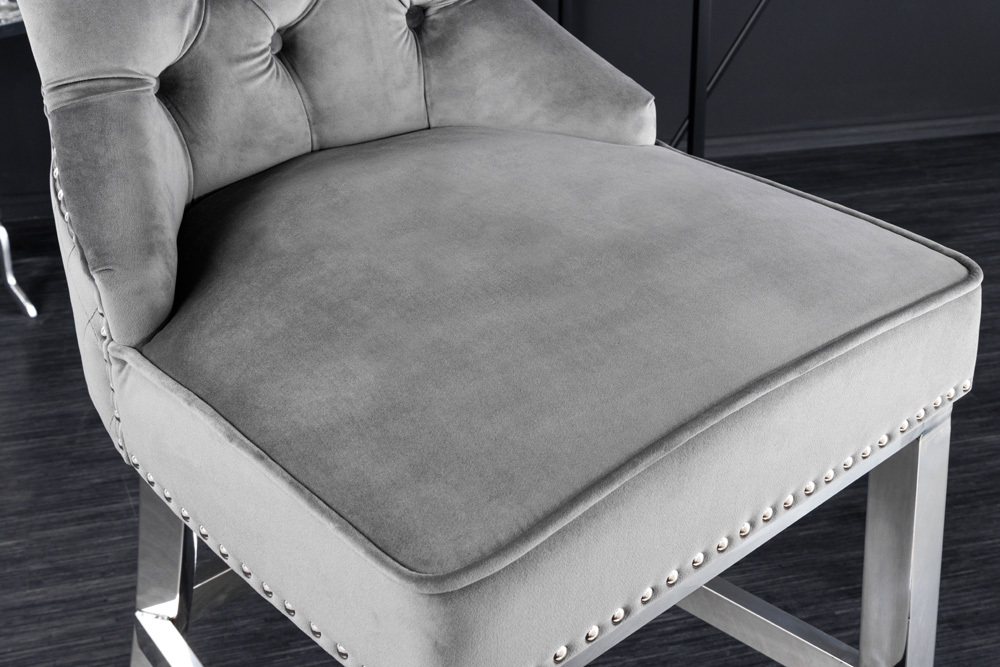 Design Barhocker CASTLE DELUXE grau Samt silber Edelstahl mit Lehne Chesterfield
