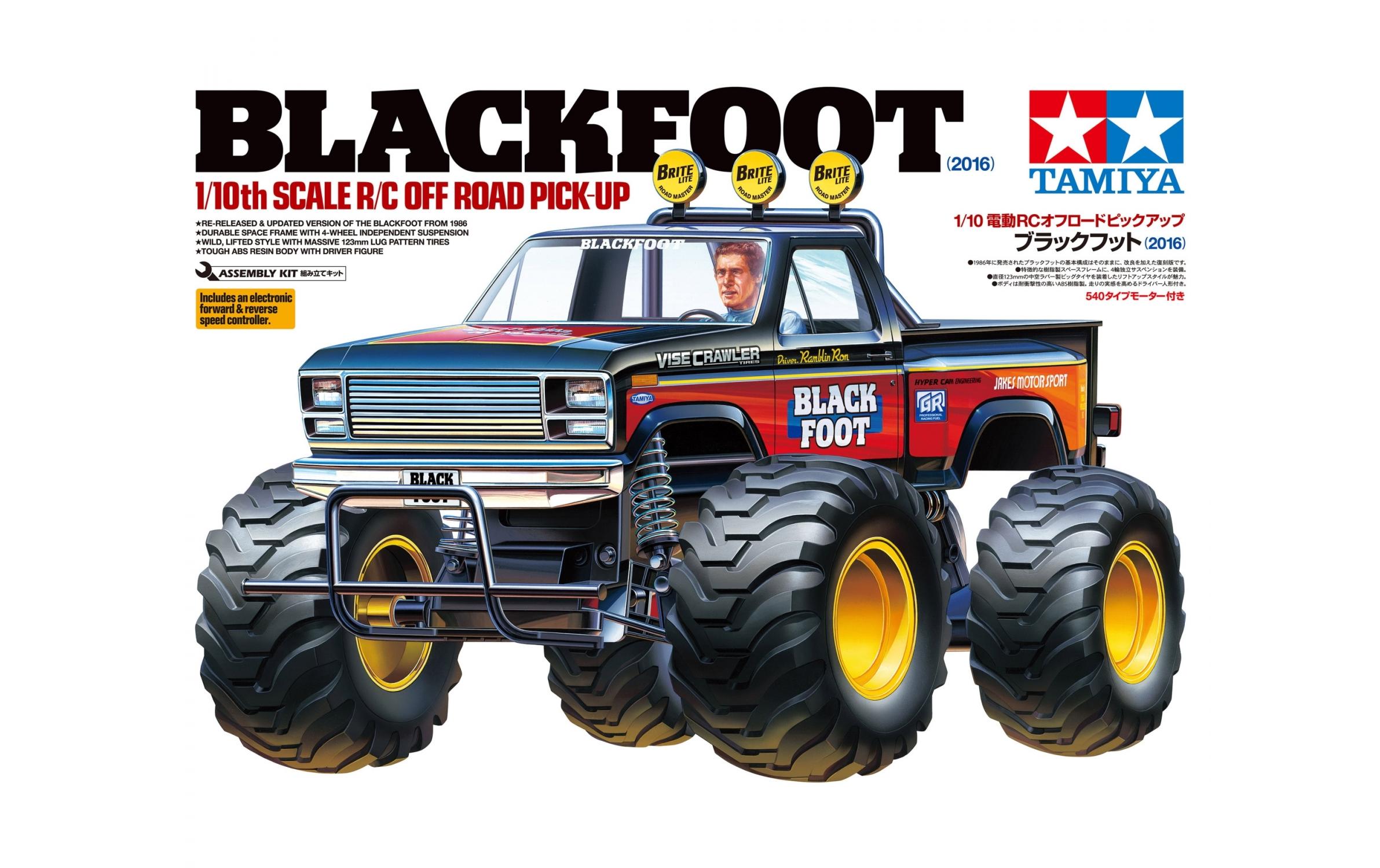 Monster Truck Blackfoot, RWD Bausatz mit ESC, 1:10<br>2WD Monstertruck Bausatz mit klassischer Tamiya Blackfoot Karosserie