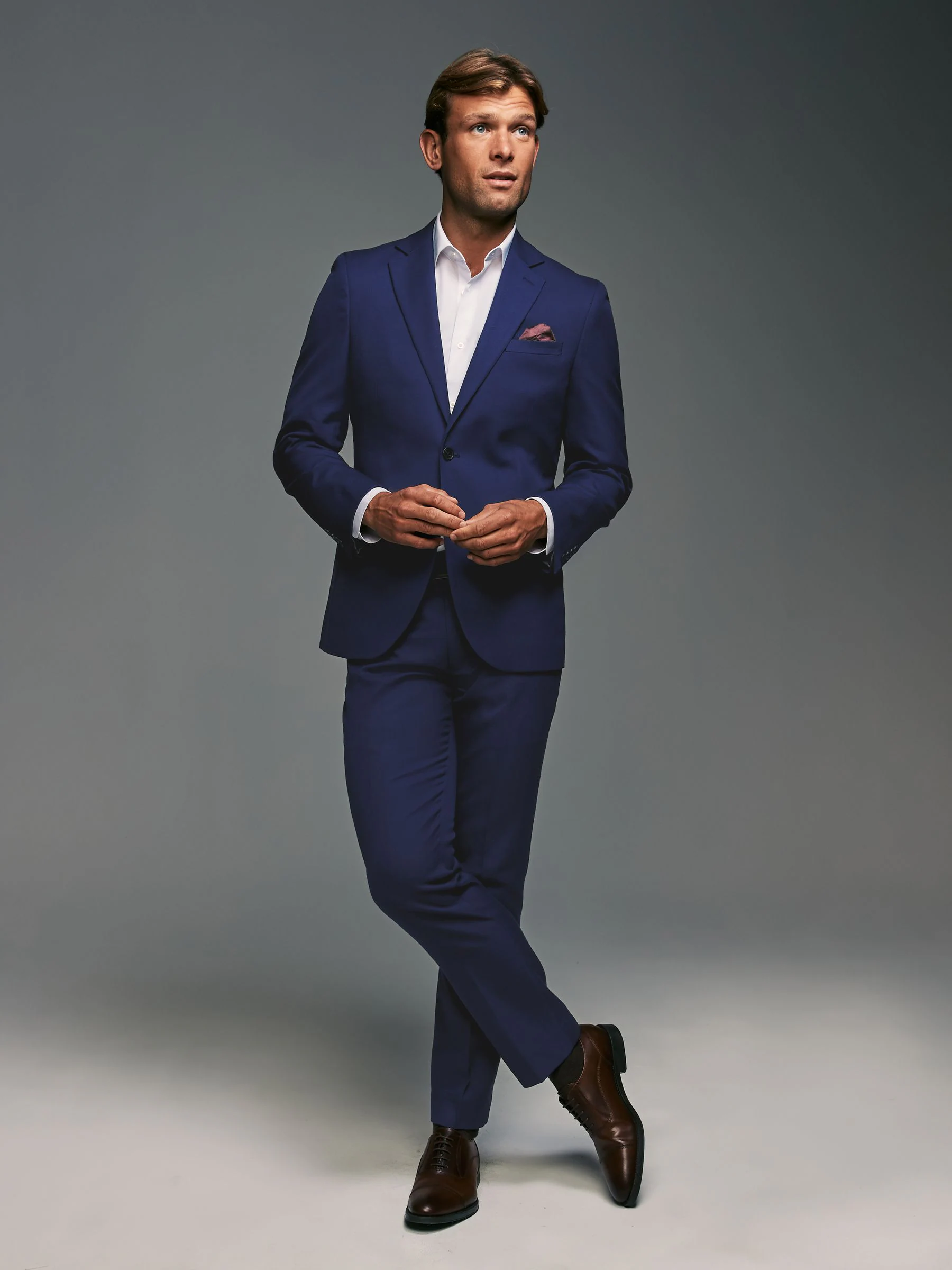 Helderblauw - Tailored fit - Kostuum met textuur: colbert
