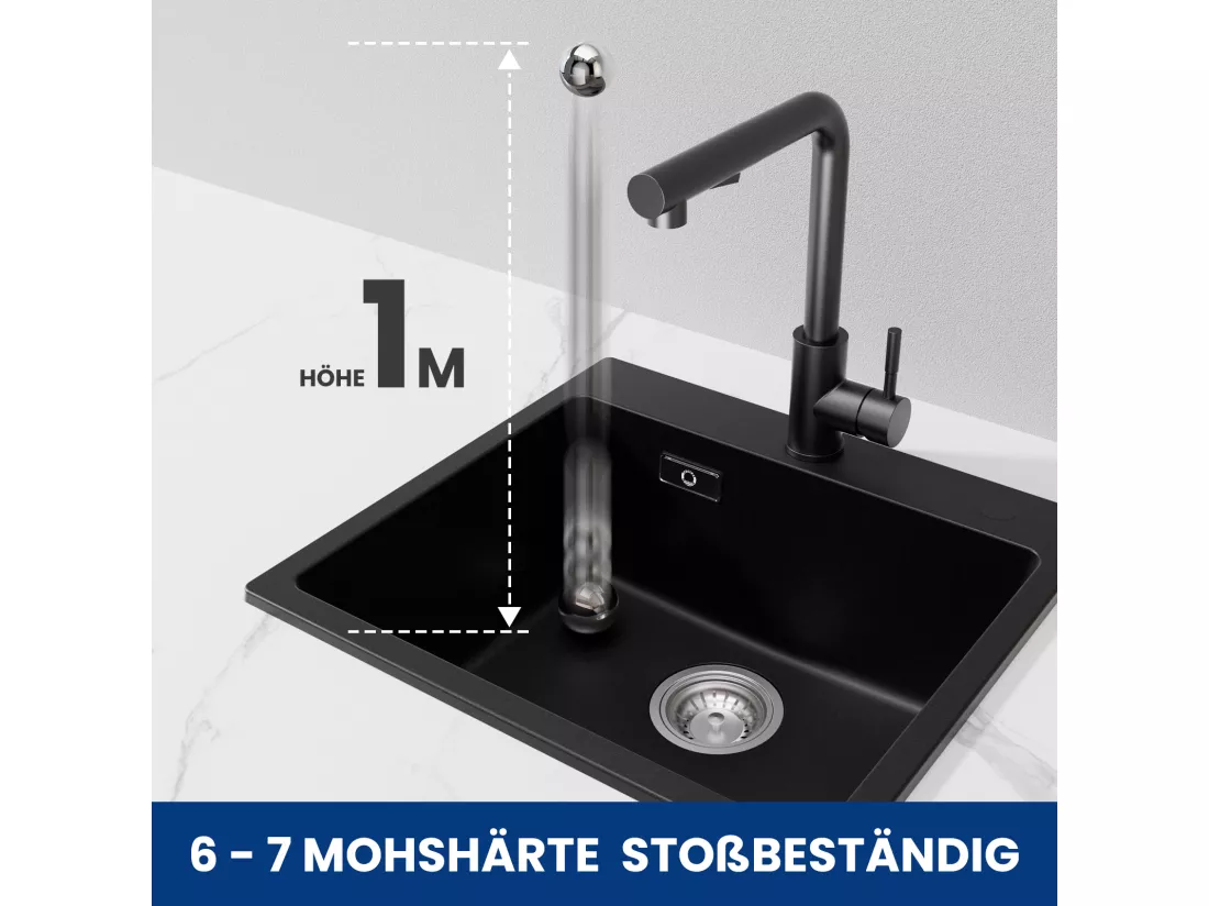 Cecipa max Evier Quartz Noir 50x45cm Evier 1 Bac en Quartz Evier de Cuisine en Granit +Noir Mitigeur avec Douchette Extractible 2 Modes de pulvérisat