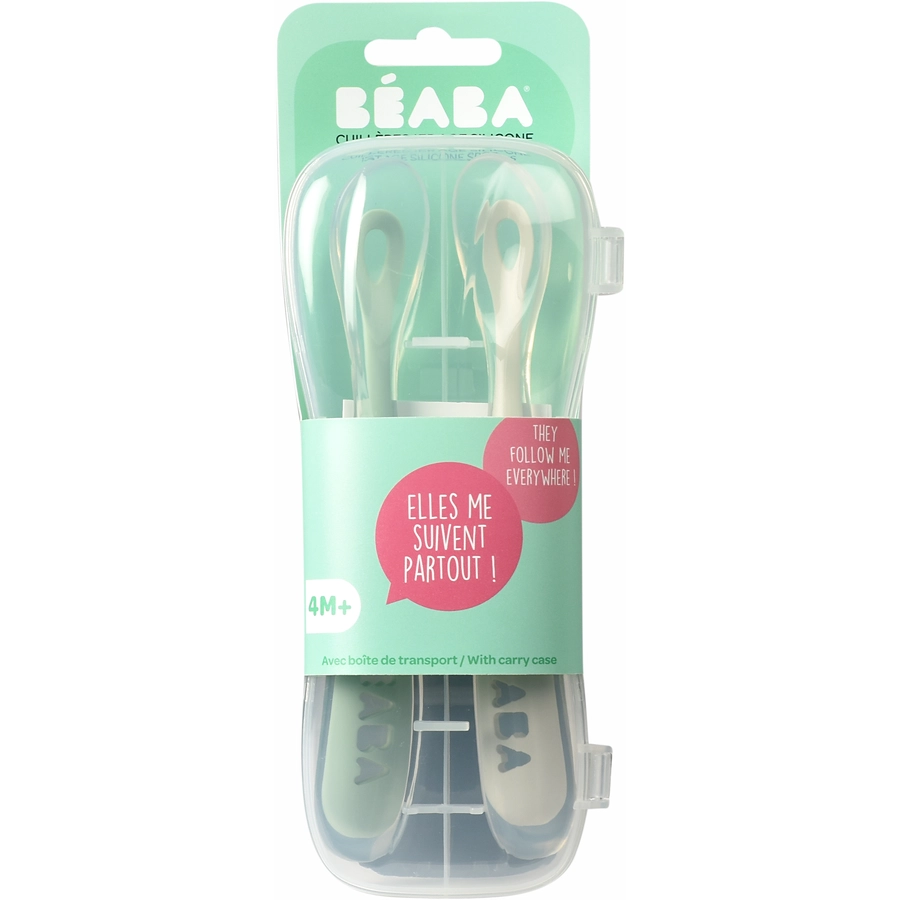 BEABA® Babylöffel 2er Set aus Silikon 2. Alterstufe, velvet grau salbeigrün