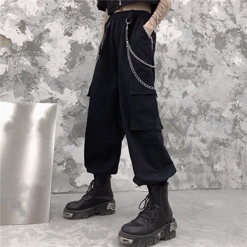 Malnia Home - High Rise Plain Wide Leg Cargo Pants / Short-Sleeve Crop Shirt / Chain / Set