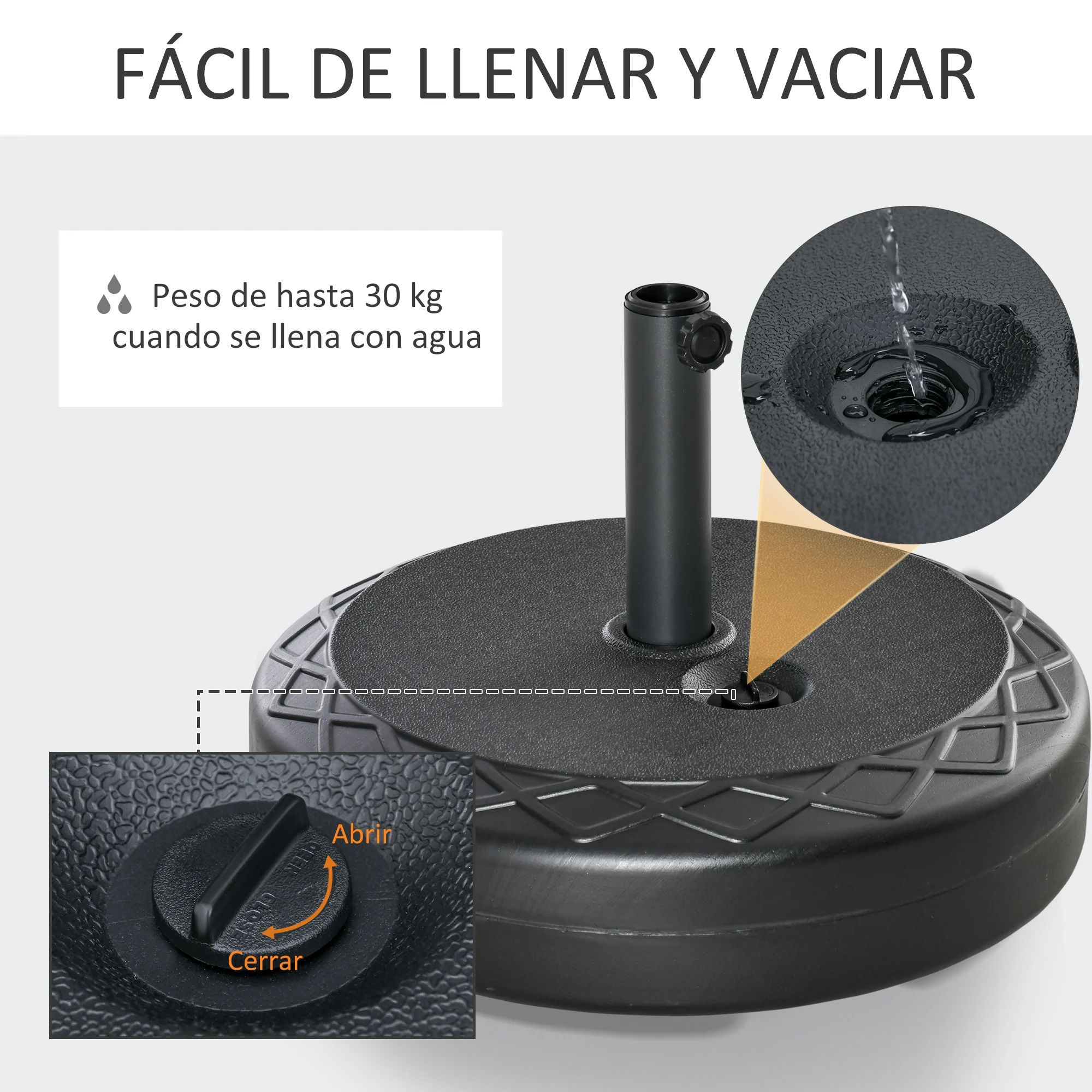 Base para guarda-sol Outsunny com enchimento de água, capacidade de 30 kg, suporte redondo para guarda-sol adequado para hastes de 38 mm e 48 mm, metal e plástico, para jardim e pátio, Ø55x38 cm, preto