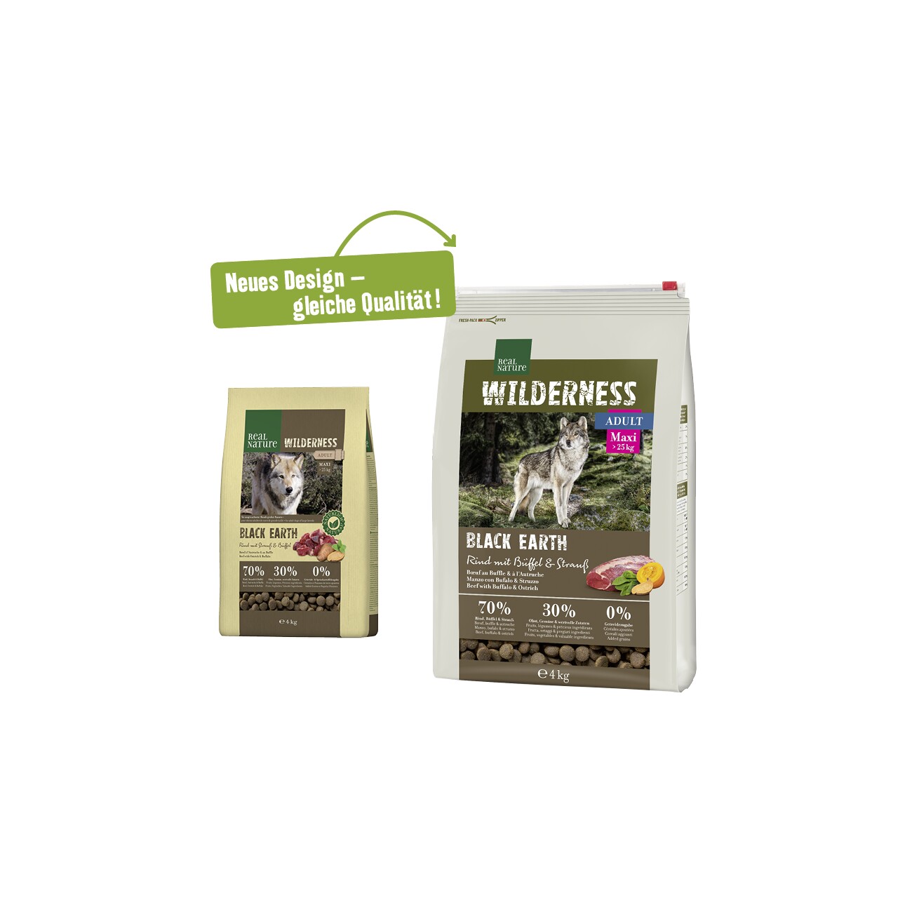 REAL NATURE WILDERNESS Trockenfutter Hund, Adult, Maxi, Black Earth Rind mit Strauß und Büffel 4 kg