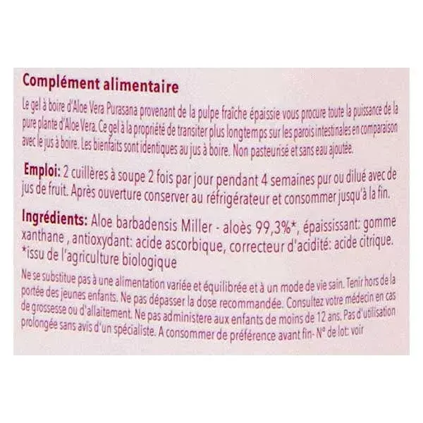 Purasana Gel Avec Pulpe Aloe Vera Bio 1L
