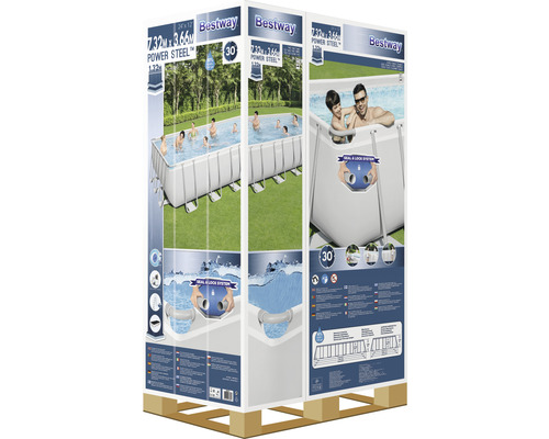Opbouwzwembadset Bestway Power Steel™ rechthoekig 732x366x132 cm incl. zandfiltersysteem, ladder & afdekking grijs