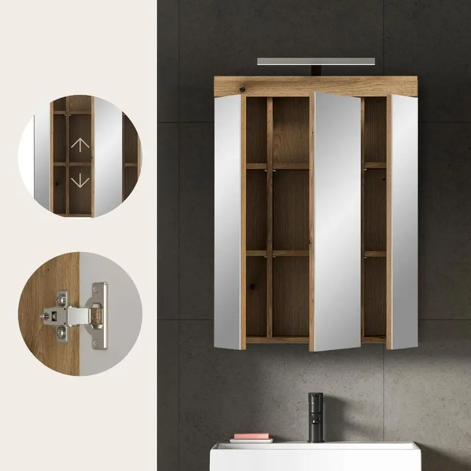 Hioshop Scout spiegelkast inclusief verlichting 3 spiegeldeuren eiken decor