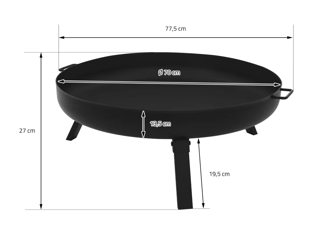 Bol à feu basero acier noir avec 3 pieds pliables foyer grille barbecue Ø70x27cm