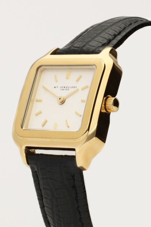 Vierkant horloge met zwart leren bandje