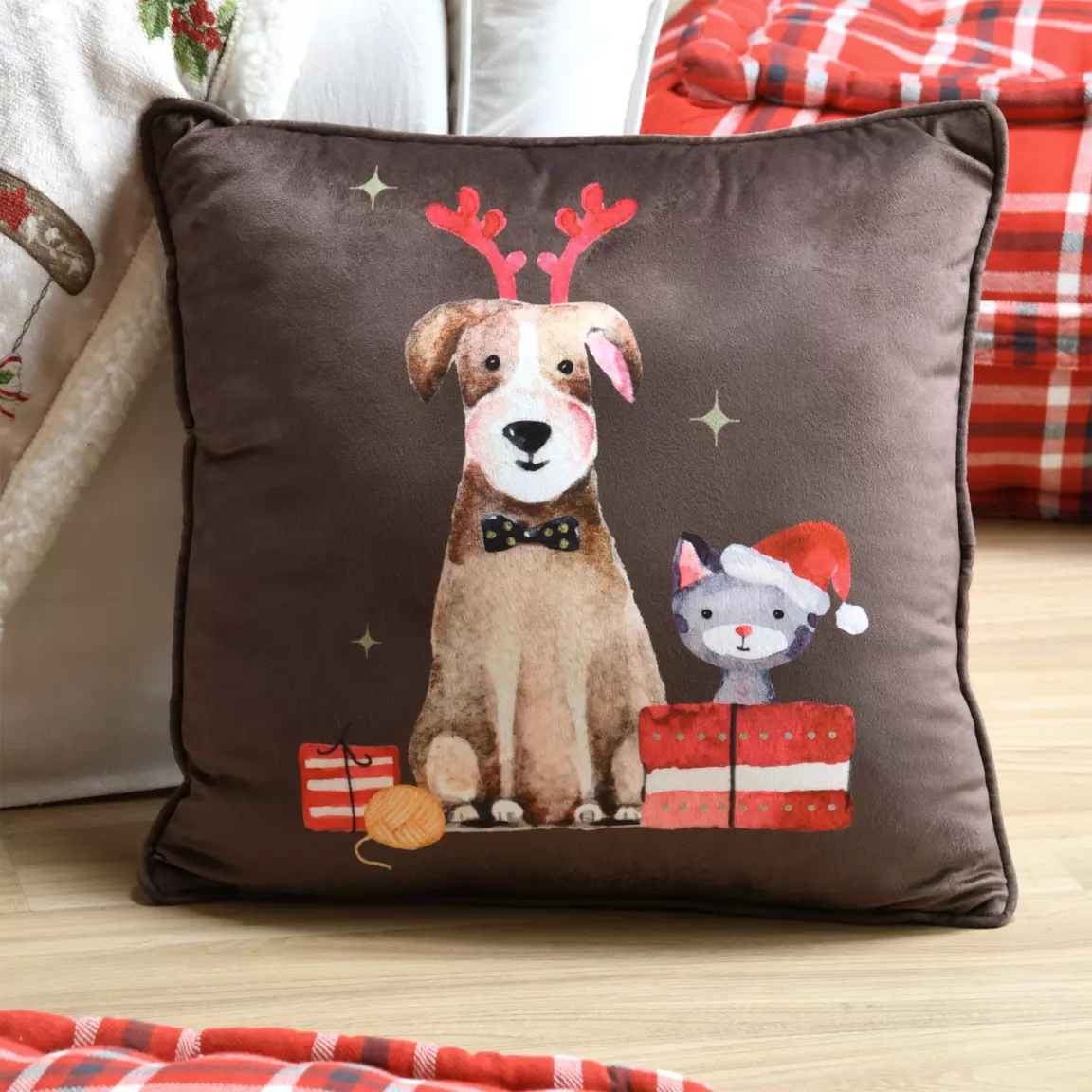 Coussin Noël carré (40 cm) Joyeux Marron chocolat