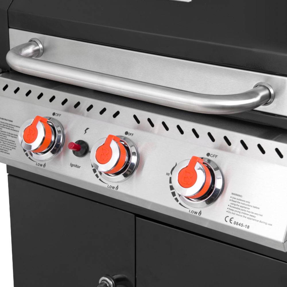 Barbecue Perth Noir à gaz 3 Feux + 1 brûleur latéral - 11,5 kW