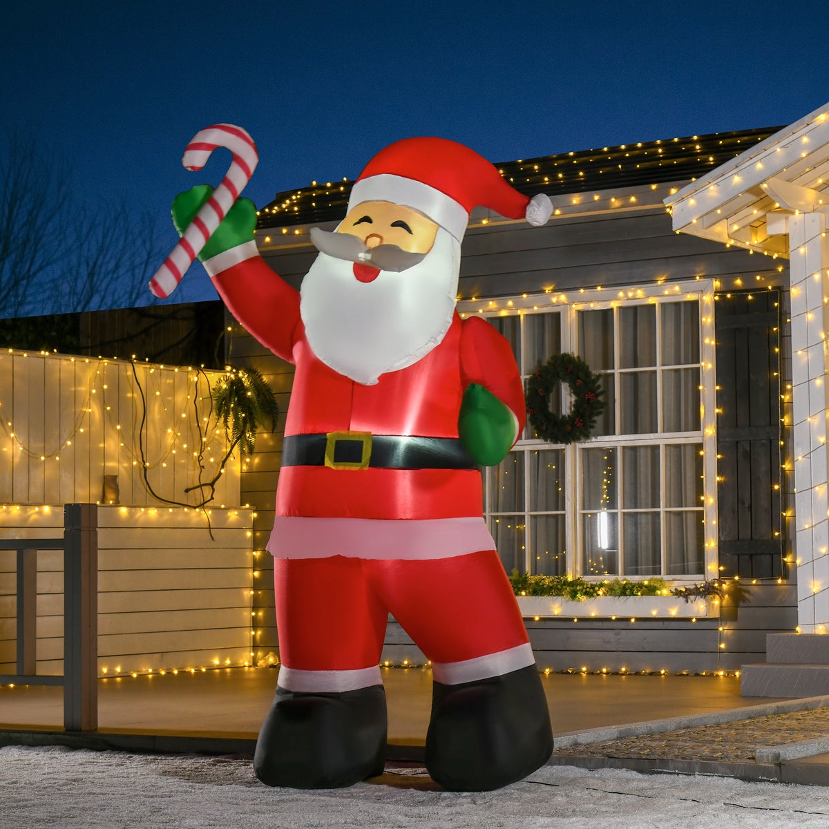 HOMCOM Opblaasbare Kerstman met zuurstok, 250 cm LED met blower, 140 x 85 x 250 cm, Polyester, Wit+Rood+Groen