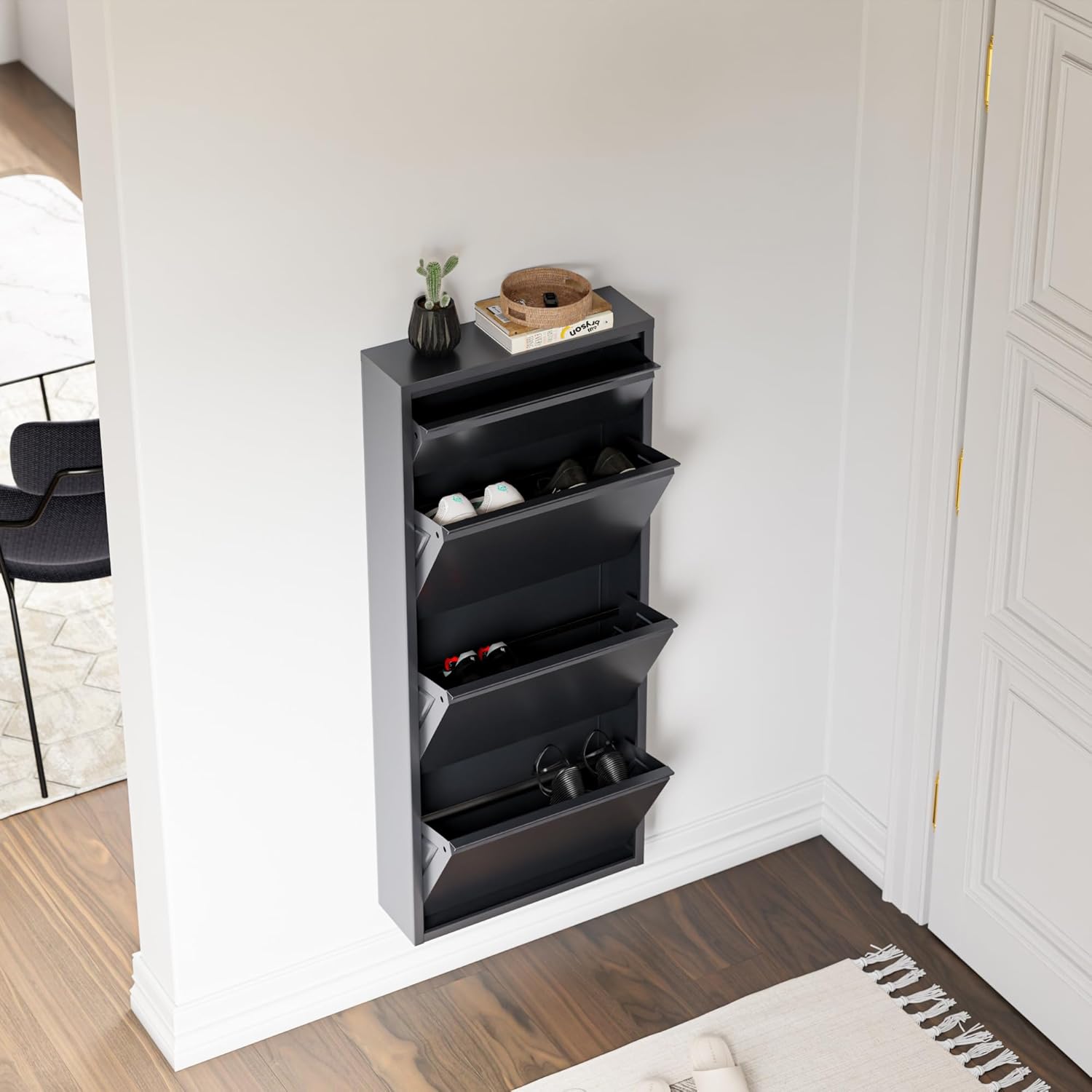 [en.casa] Schuhschrank Sokndal Schuhkipper mit 4 Klappen Metall Schuhkommode für 6 Paar Schuhe 118 x 50 x 15 cm Grau