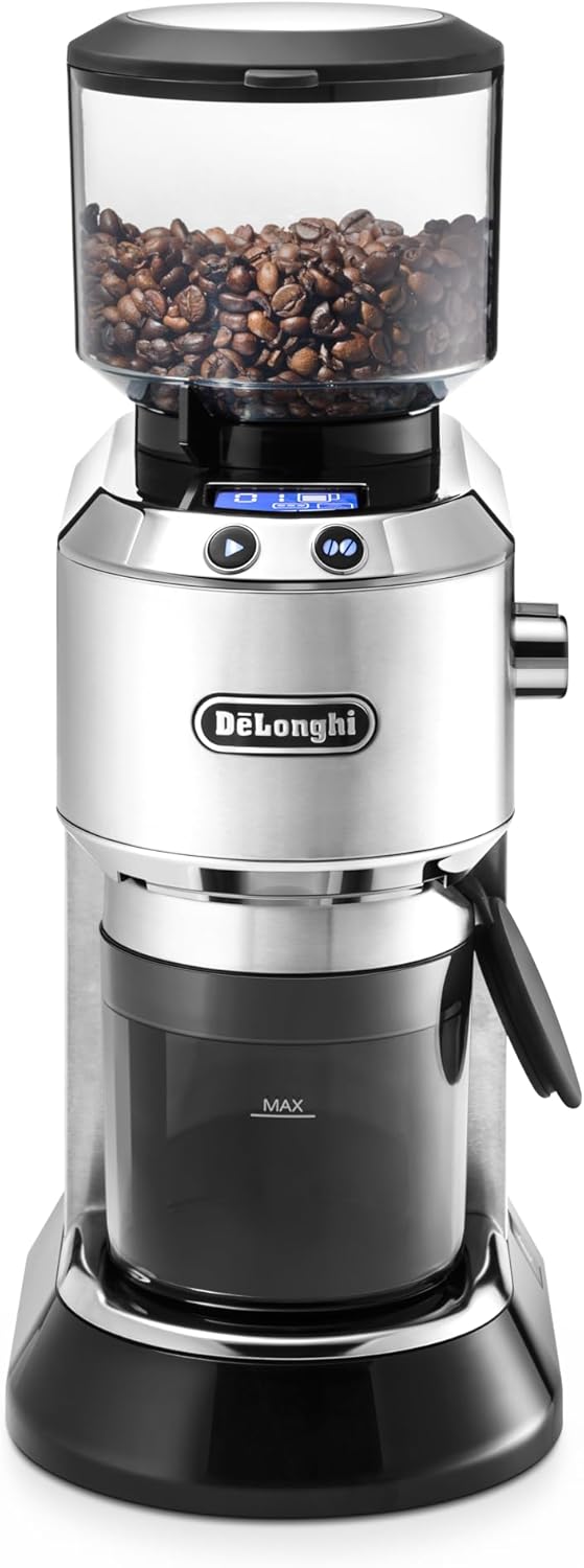 De'Longhi Dedica KG 521.M Elektrische Kaffeemühle, 2,1' LCD Display mit Aroma Funktion, Vollmetallgehäuse, Edelstahl Kegelmahlwerk, einstellbare Mahlgradeinstellung, Silber