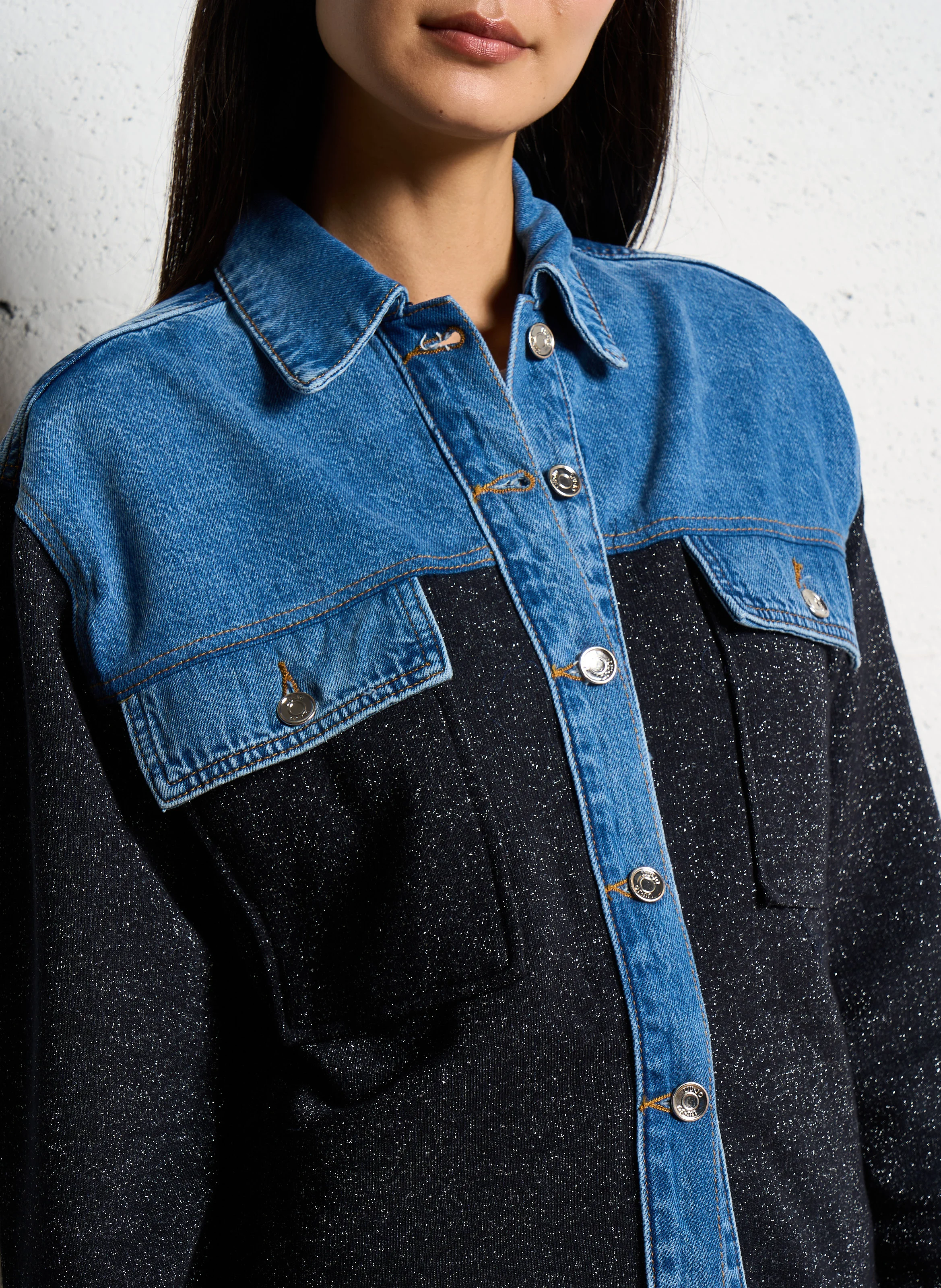 Surchemise bi matière en coton mélangé | Bleu