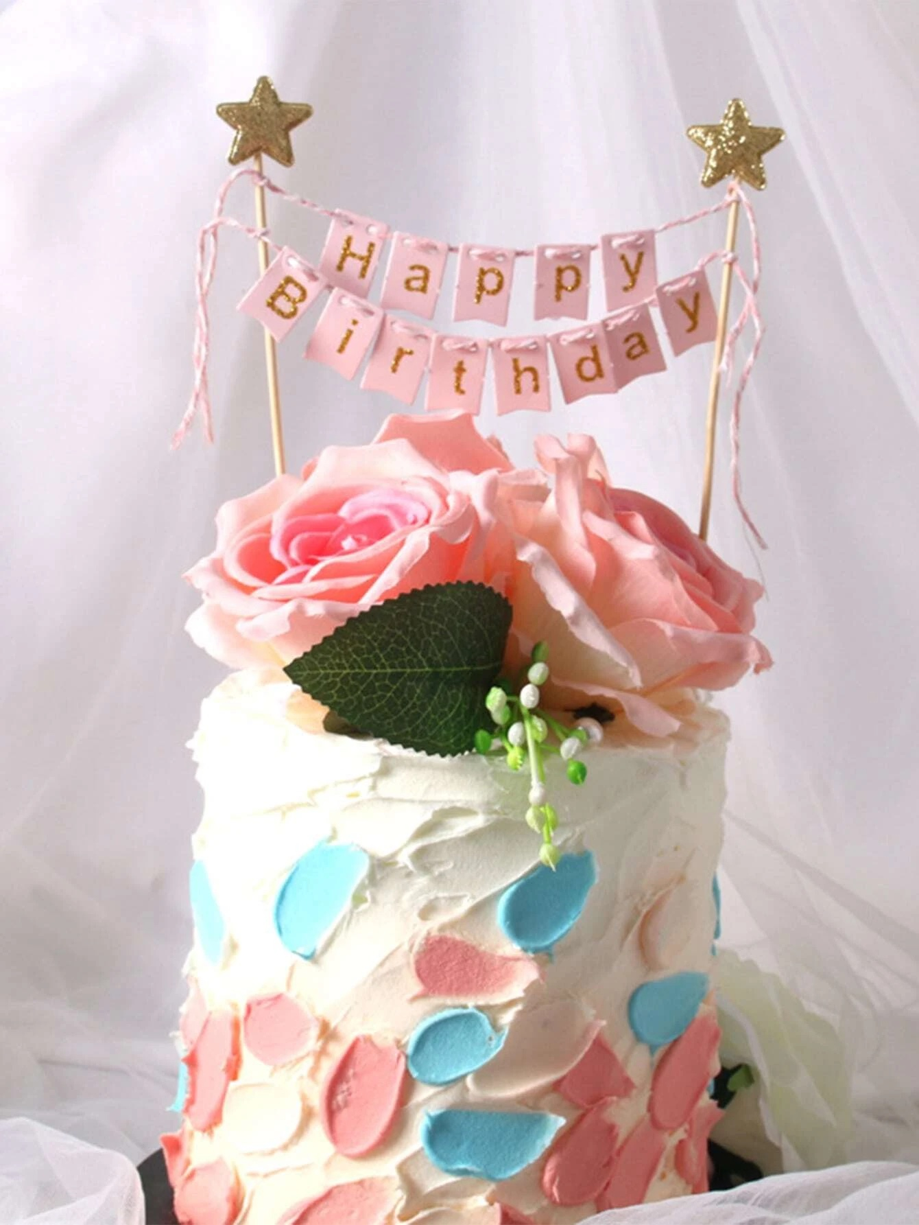 Kuchenstecker Happy Birthday Banner Tortenstecker Topper Dekoration für Torten / Kuchen - Rosa