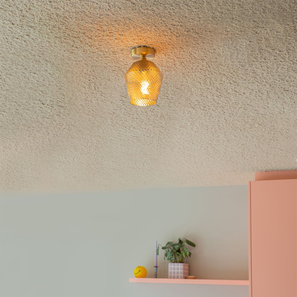 Art Deco plafondlamp messing met smoke glas - Karce
