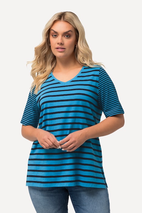 Shirt, Ringelmix, A-Linie, V-Ausschnitt, Halbarm