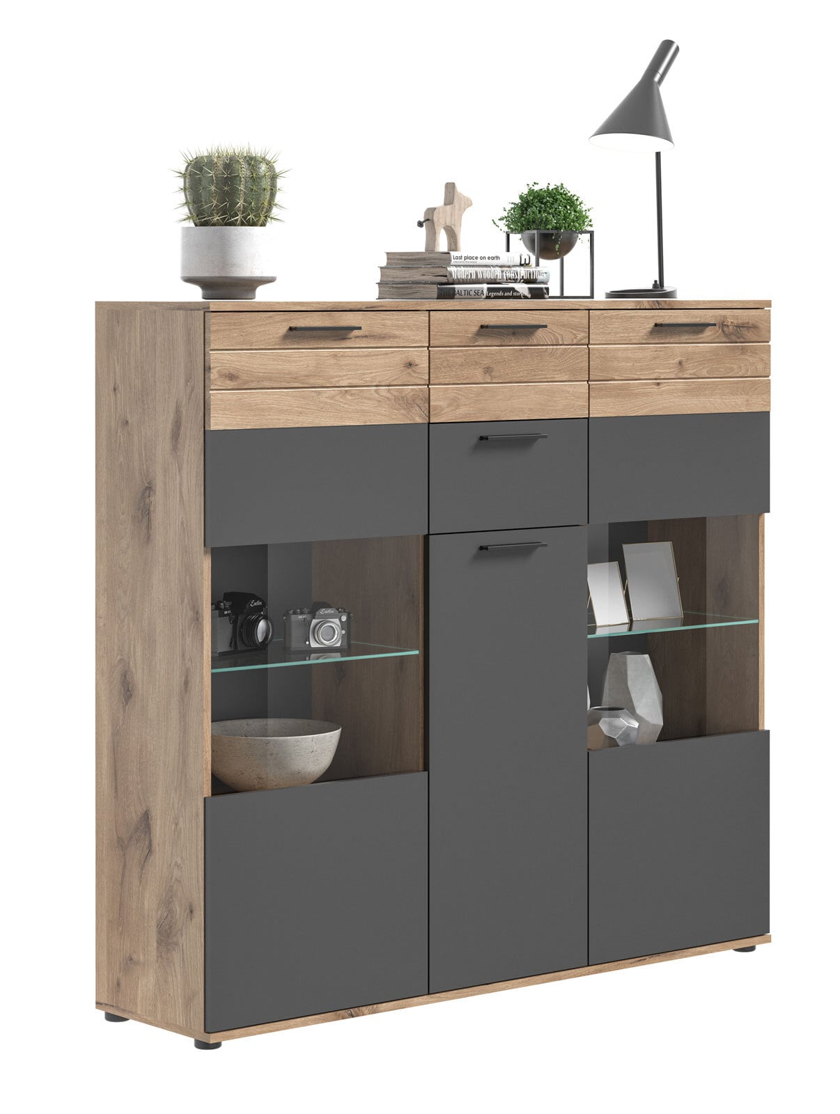 Highboard MASON 140 x 134 cm braun/ grau