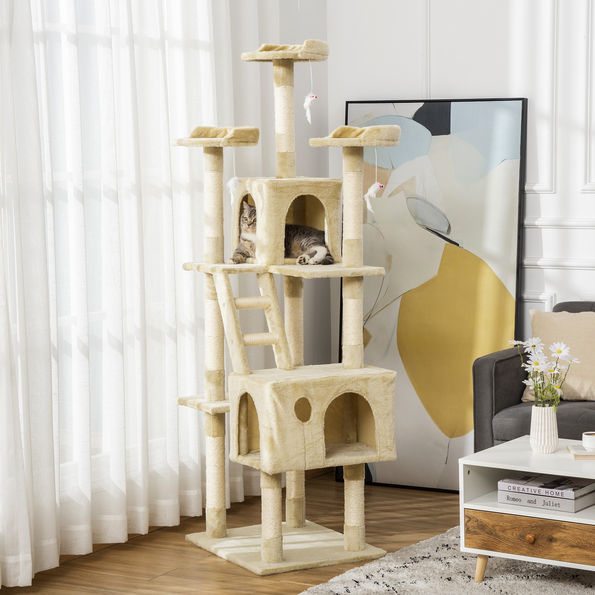 Arranhador PawHut com árvore e árvore para gatos bege