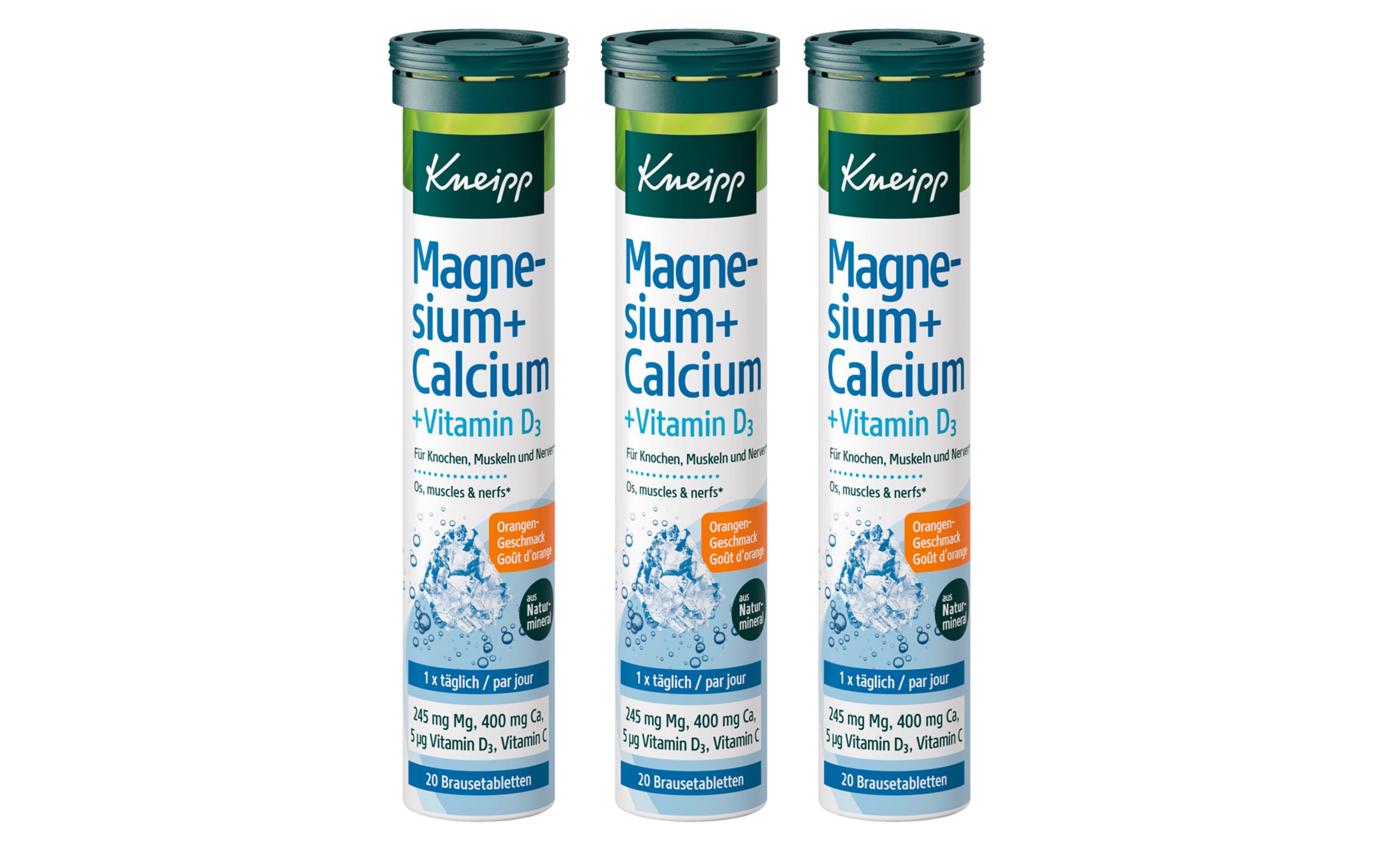 Magnesium + Calcium & Vitamin D3 3 x 20 BrausetablettenMagnesiumpräparat trägt zu einer normalen Funktion des Nervensystems bei