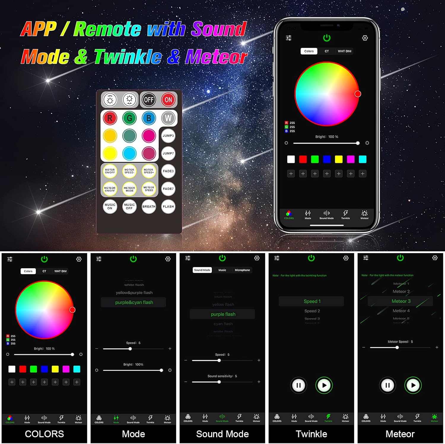 CHINLY Bluetooth Meteor 32W Funkeln RGBW APP LED Glasfaser Star Star Deckenleuchten Kit APP Gemischt 1008 Stück * 5m + 10 Kristalle Glasfaser + für Zuhause/Auto