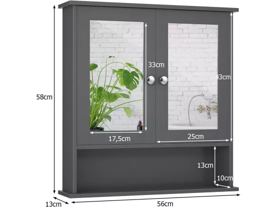 Armoire de de salle de bain avec miroir meuble rangement avec 3 etagères et 2 portes 56,5 x 13 x 58,5 cm gris