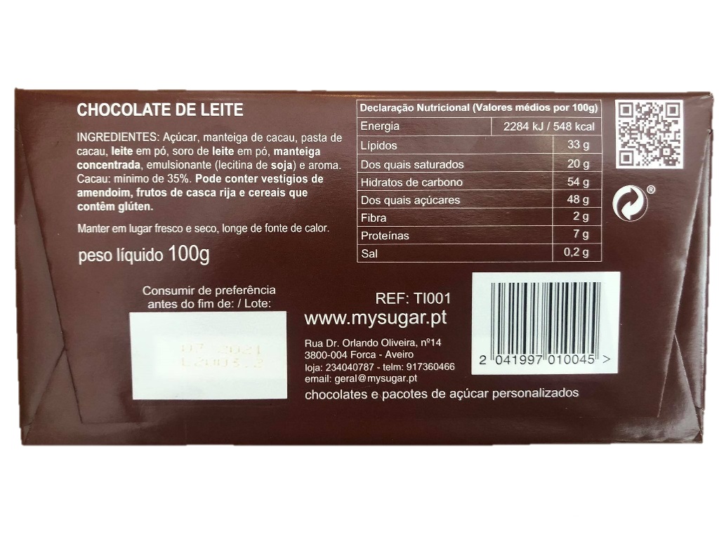 TABLETE MYSUGAR CHOCOLATE LEITE 100G