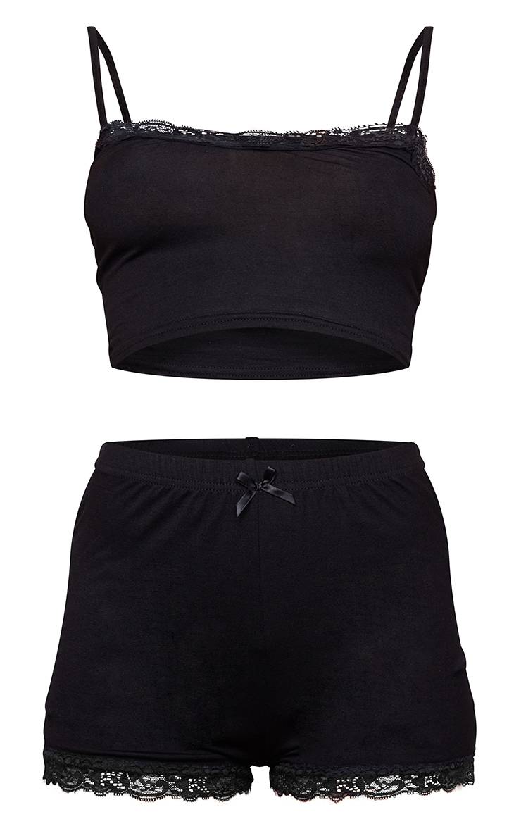Noir Ensemble Pyjama Court Avec Imprimé Nœuds Et Dentelle