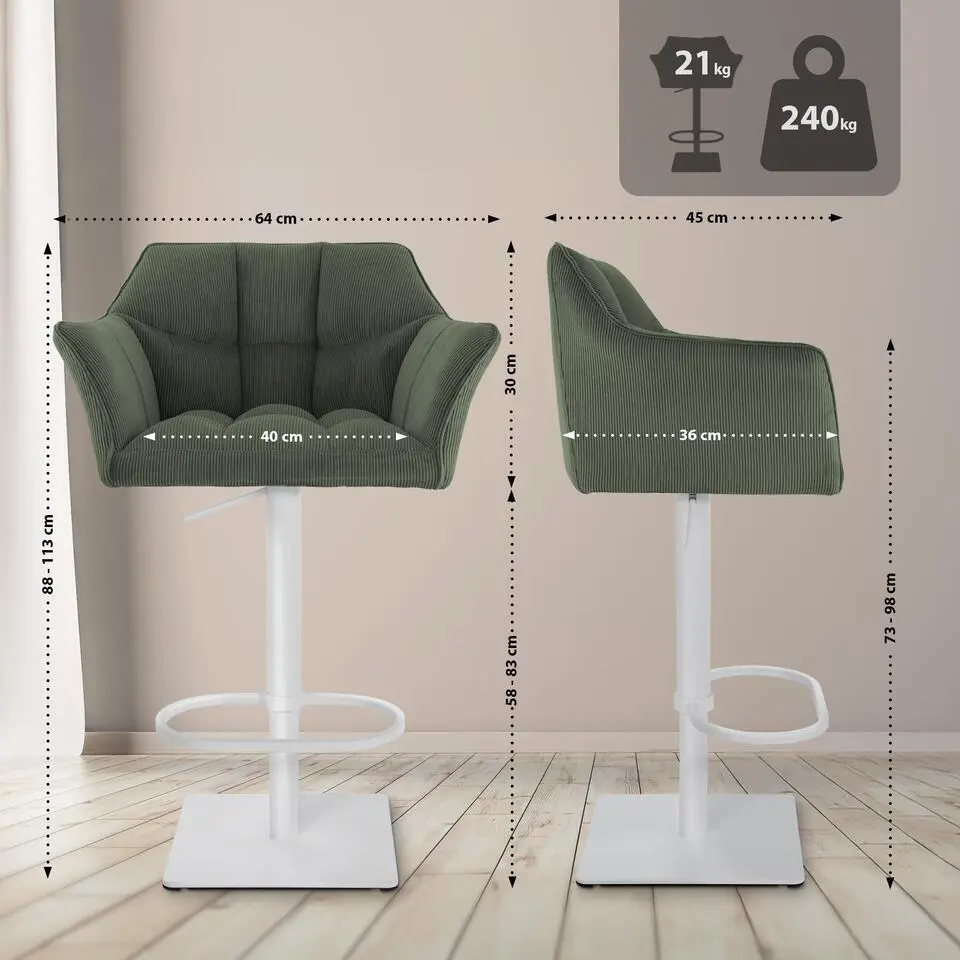 CLP Barkruk Damaso wit Frame - Ribstof - groen