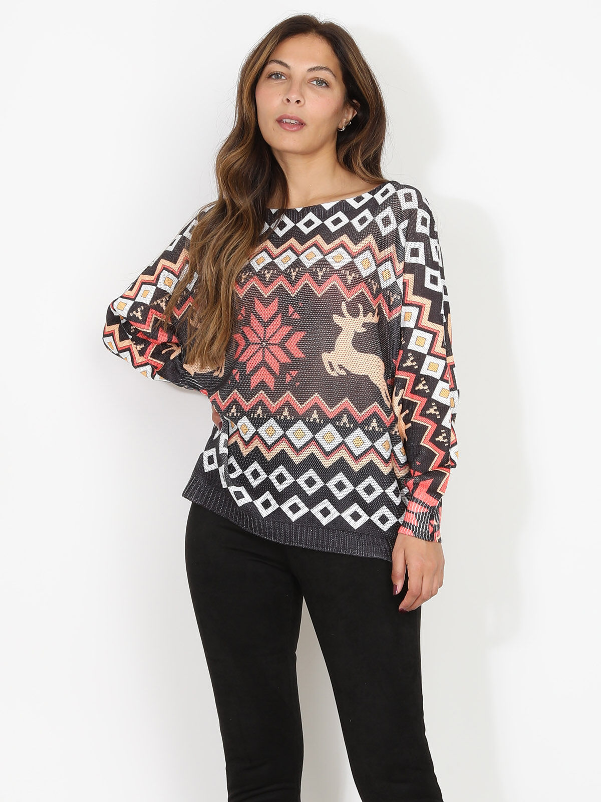 Pull de noël léger et imprimé- Noir
