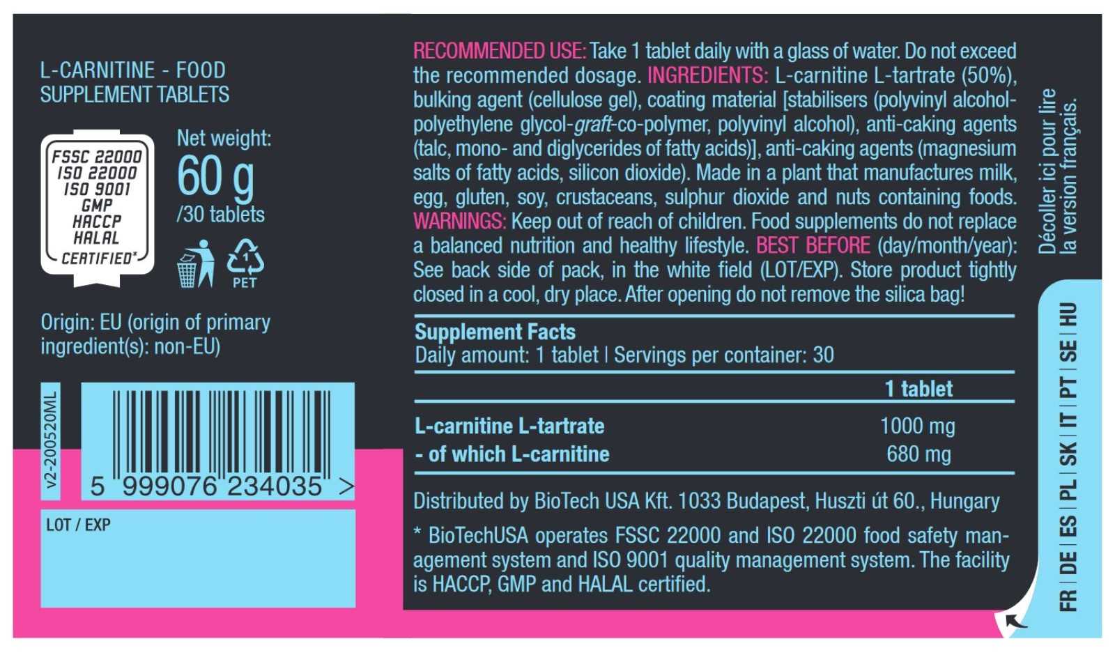Biotech USA L-Carnitina 1000mg 30 Comprimidos